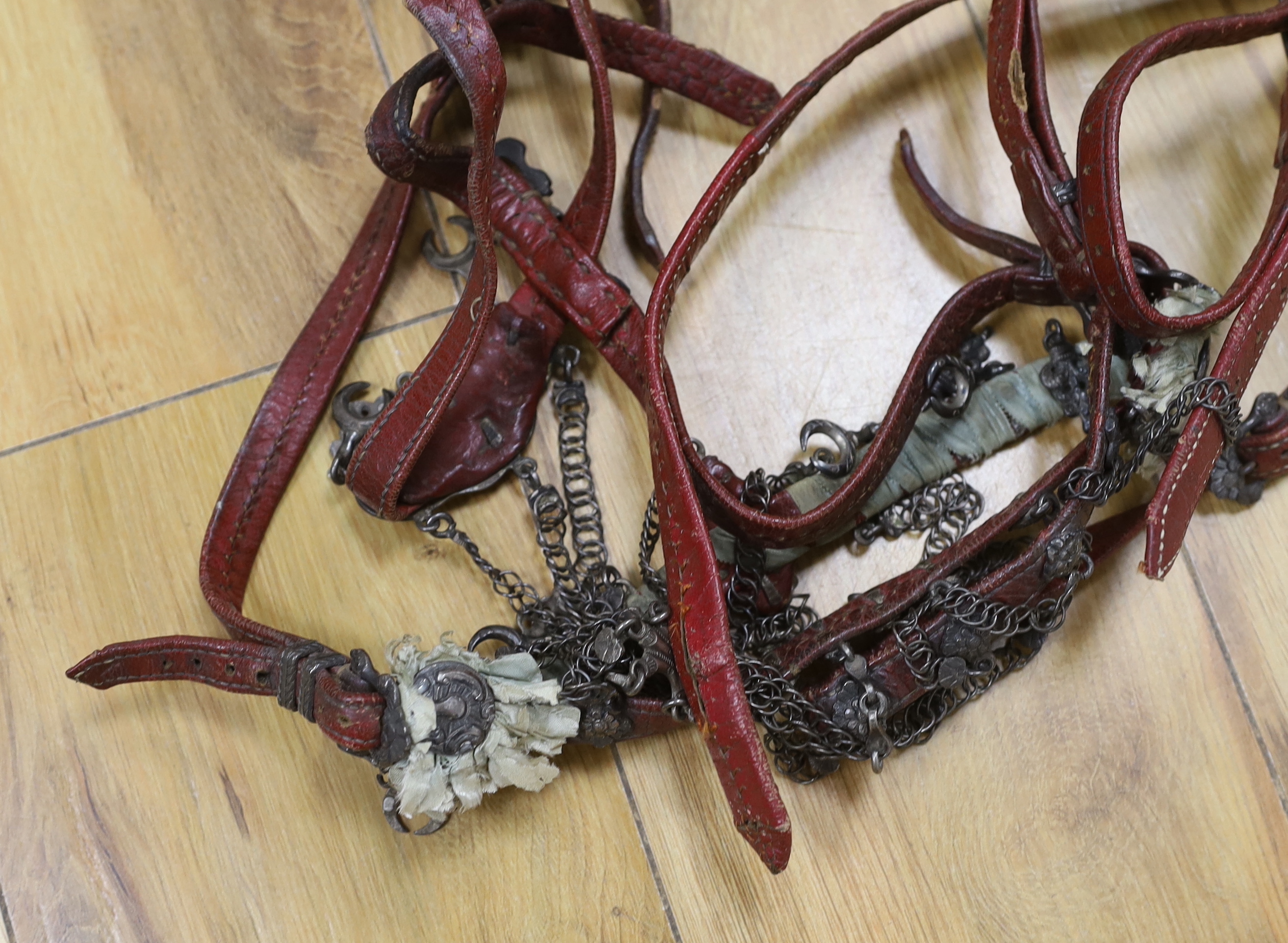 A 19th century white metal-mounted leather horse bridle and martingale